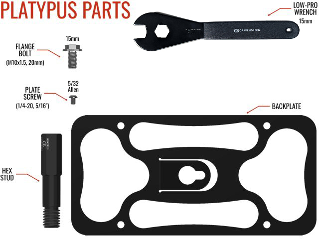 Parts list for The Platypus License Plate Mount for 2006-2015 Mazda MX-5 Miata 3rd gen NC