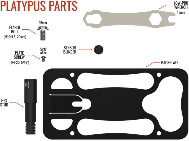 Parts list for The Platypus License Plate Mount for 2014-2024 MINI Cooper F56
