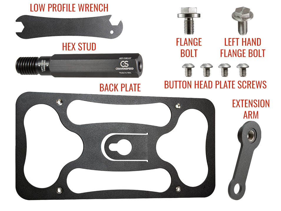 All of the parts included with the CravenSpeed Platypus Mount for Tesla Model 3.